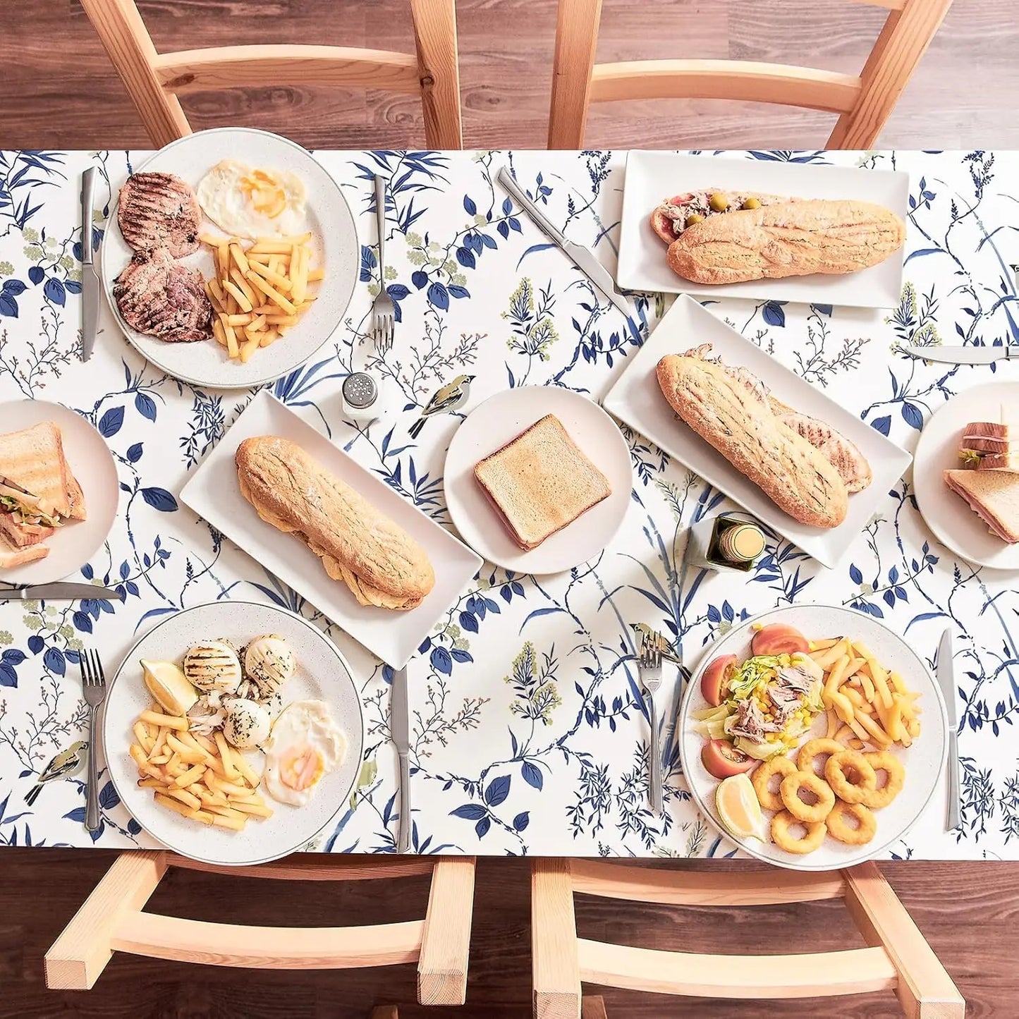 Retro Blue Bird Flowers Waterproof Tablecloth Holiday Party Decor Navy Blue Floral Leaf Rectangle Table Cloth Dining Table Decor