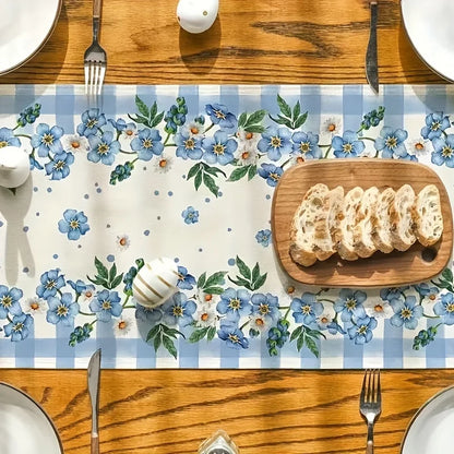 Easter Bunny Blue Flowers Linen Table Runner for Easter Decorations Spring Daisy Floral Plaid Table Runners Holiday Party Decor
