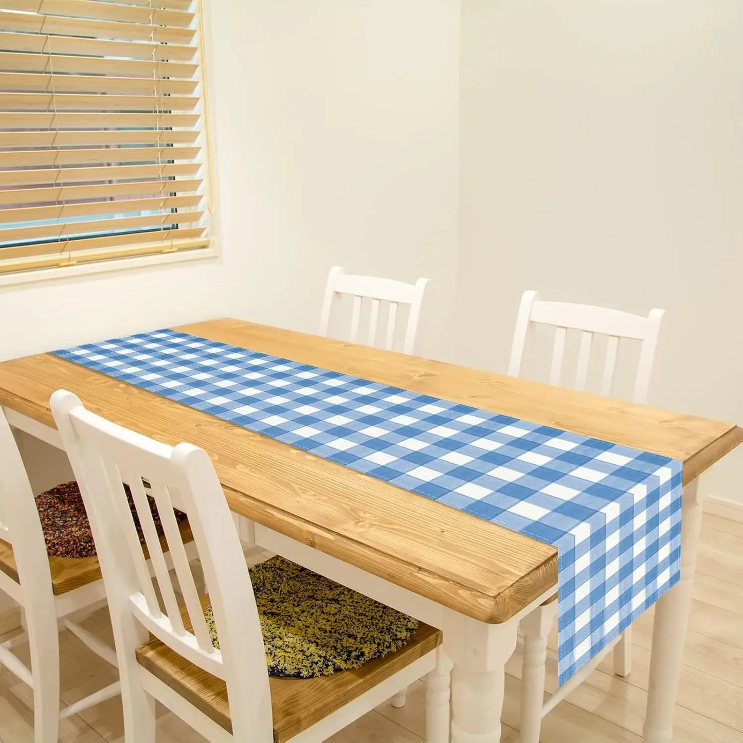 Blue White Buffalo Check Plaid Linen Table Runner Washable Dresser Scarf Wedding Party Decor Reusable Kitchen Dining Table Decor