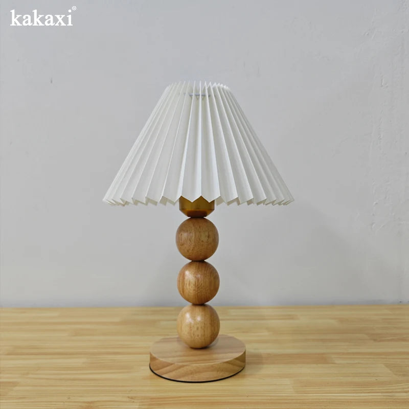 Nordic Vintage Pleated Three-Color Solid Wood Table Lamp Bedroom Bedside Desk Reading Decorative Lamp E27
