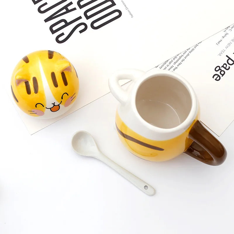 New Cute Cat Ceramics Coffee Mug with Spoon Creative Hand Painted Novelty Gifts Drinkware Milk Tea Cups Frida Kahlo