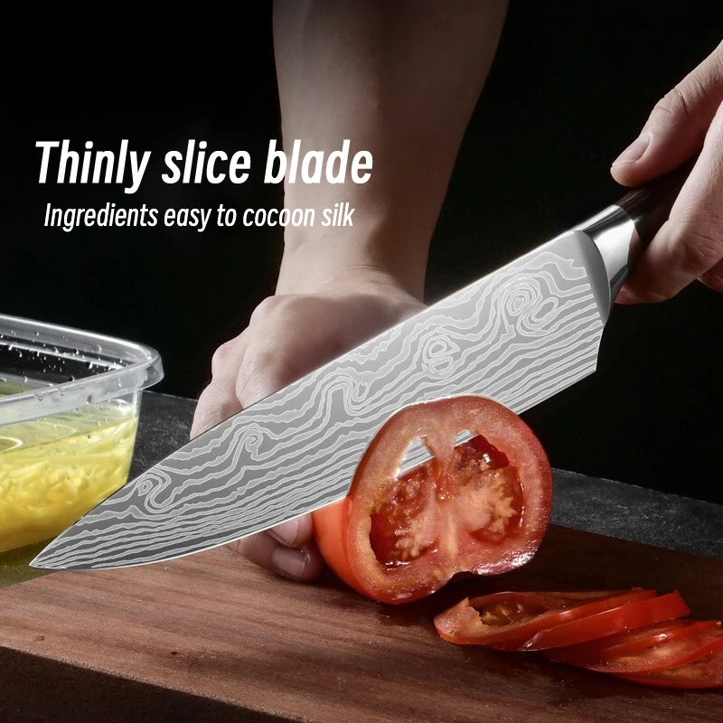 BAKULI Stainless steel chef knife, high hardness, laser carving, non slip wooden handle, kitchen knife, meat cutter
