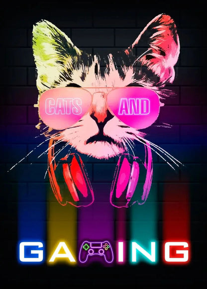 Nordic Neon Cat and Gaming Controller Quotes HD Posters Canvas Painting for Wall Art Mural Gamer Boys Girls Room Decor No Lights