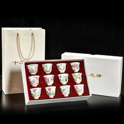 Kung Fu Tea Cup Twelve Flower Gods Set Enamel Pastel Ceramics 12 Pieces Gift Box Host’s Ceramics & Pottery Chinese Teaware