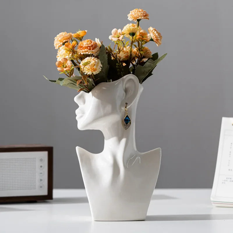 Moderne Kunst abstrakte Seite Gesicht Vase Kopf Keramik Vase getrocknete Blumen Tischdekoration Wohnzimmer Büro Dekoration Home Decor