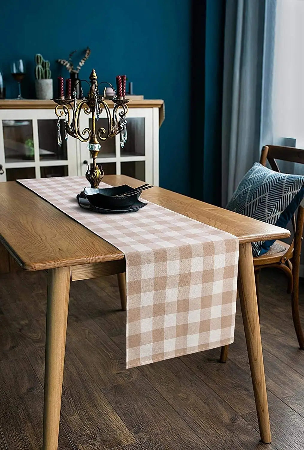 Brown White Buffalo Checked Plaid Linen Table Runner Washable Farmhouse Dresser Scarf Holiday Kitchen Party Dining Table Decor