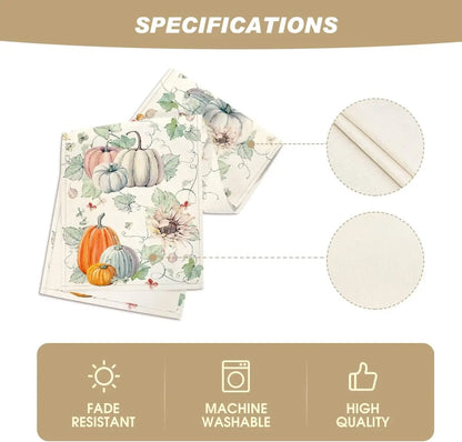 Fall Pumpkins Flowers Leaves Linen Table Runners Seasonal Autumn Thanksgiving Dresser Scarf for Kitchen Party Dining Table Decor