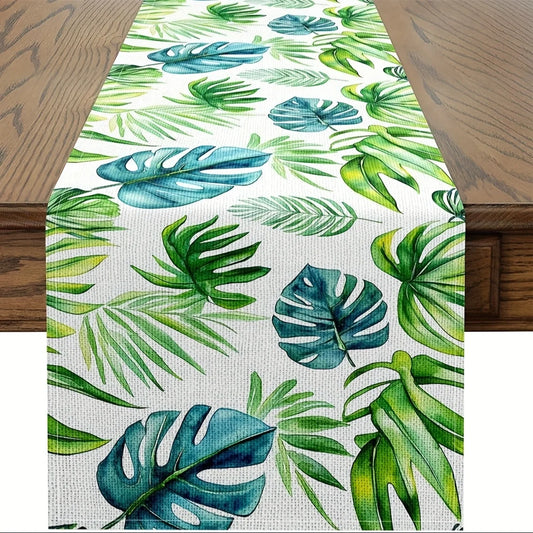 Tropical Palm Leaves Linen Table Runner Holiday Home Party Decor Watercolor Green Teal Plants Table Runners Dining Table Decor