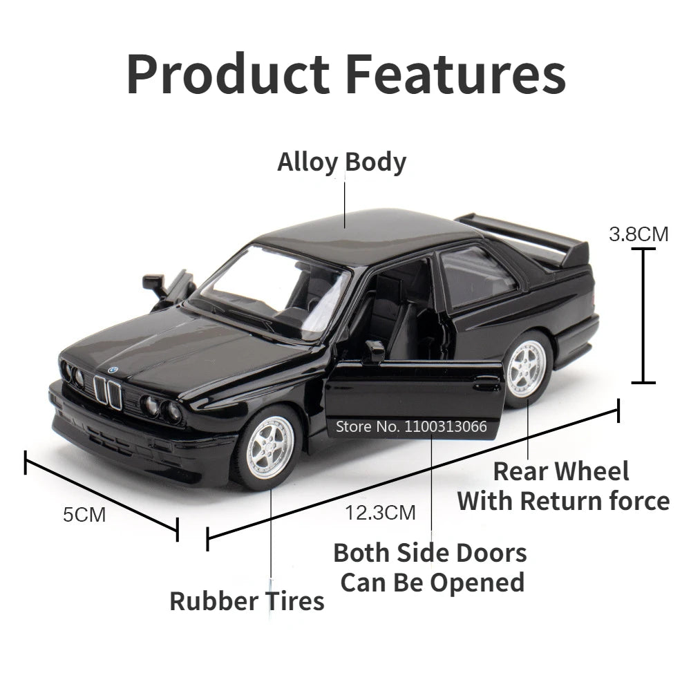 1:36 BMW M3 1987 Alloy Car Model Diecast Toy Rubber Tires Wheel Pull Back Vehicles 2 Doors Opened Cars for Boys Birthday Gifts