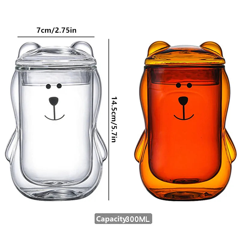 Creative 300ML Bear Double Cup Personalized Coffee Mug with Cover Transparent Glass Coffee Cup Cute Cartoon Amber Bear Mugs