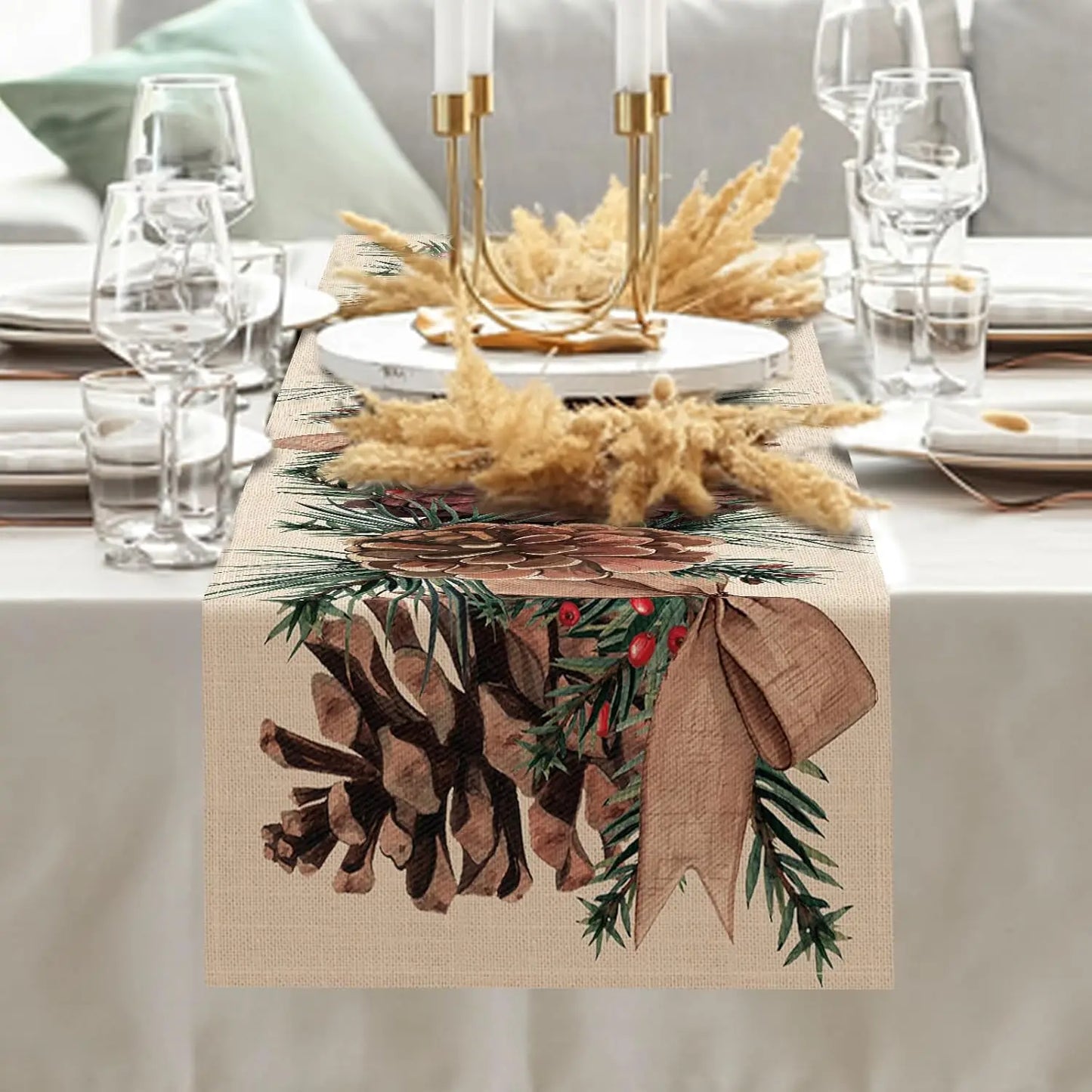 Christmas  Pine Cone Pine Needle Branch Berry Linen Table Runner for Table Decor Winter Xmas Table Runners Christmas Decorations
