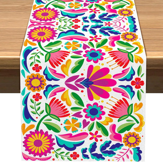 Mexican Floral Linen Table Runner Cinco De Mayo Mexico Let's Fiesta Party Decoration Dining Room Home Kitchen Table Decorations