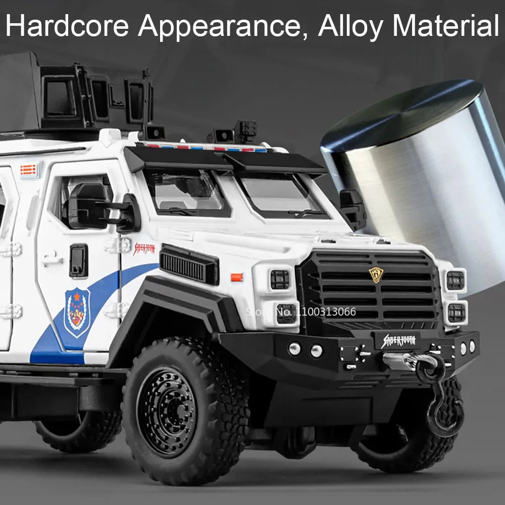 1:32 Sabertooth Models Police Cars Toys 6 Doors Opened Off-road Vehicles Light Sound Miniature Armored Car Boys Collection Gifts