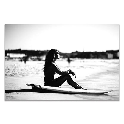 Black and White Wall Art Seascape Canvas Print Poster Beach Girl Surfboard Painting Landscape Tropical Palm Picture Home Decor