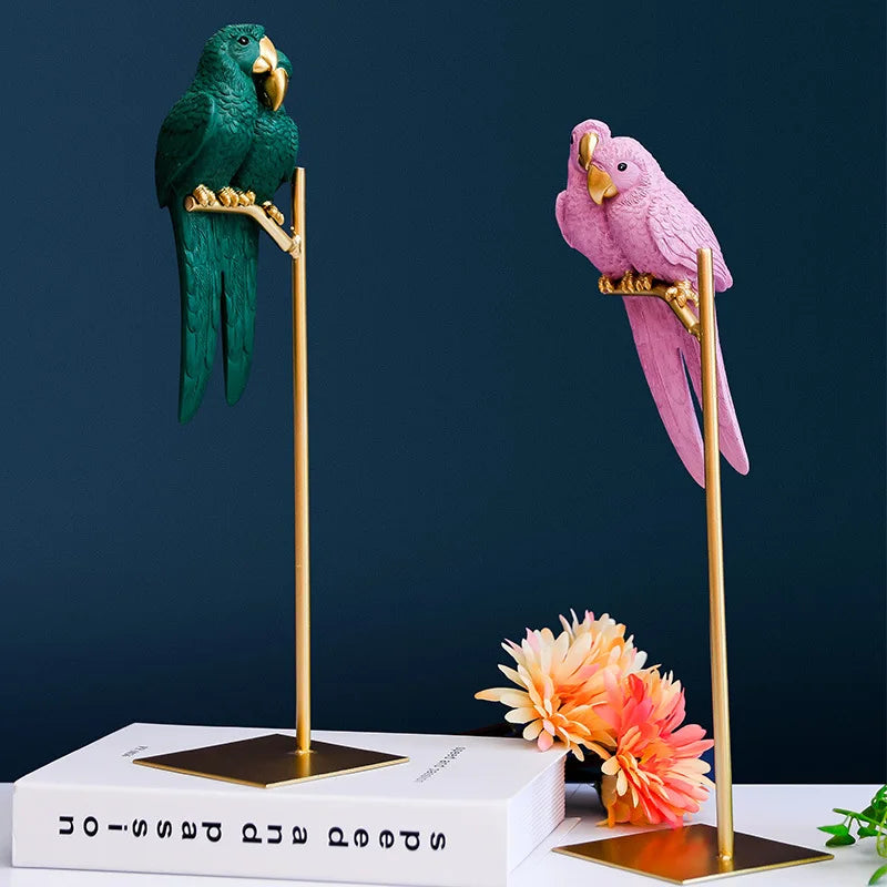 Rosa Nordic Paar Papagei Skulptur Harz Tier Papagei Handwerk Ornamente Vogel Statuen für Dekoration Hause Desktop Figuren Deco