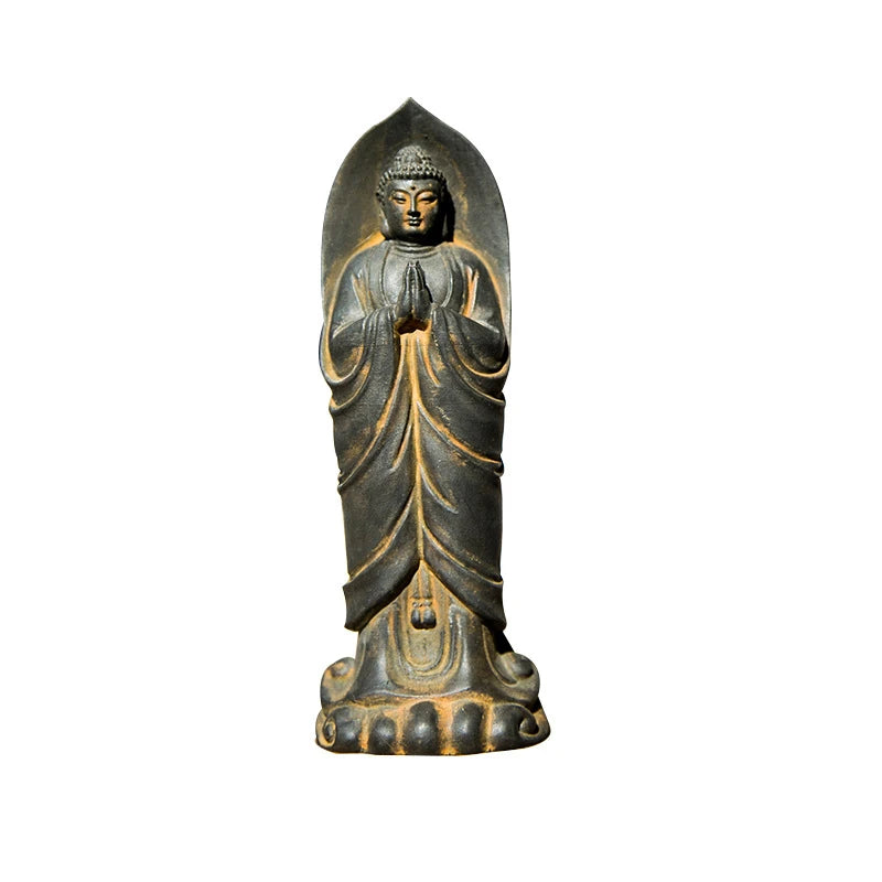 Zen Buddha Ornaments Standing with Hands Folded Tathagata Buddha Sakyamuni Imitation Cast Iron Desktop Ornament Art Figurine