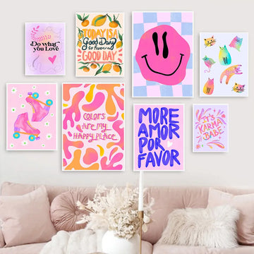 Art Colors Lemon Pink Roller Skates Poster Painting Smiley Cats Rainbow Quote Modern Canvas Print Wall Living Room Home Decor