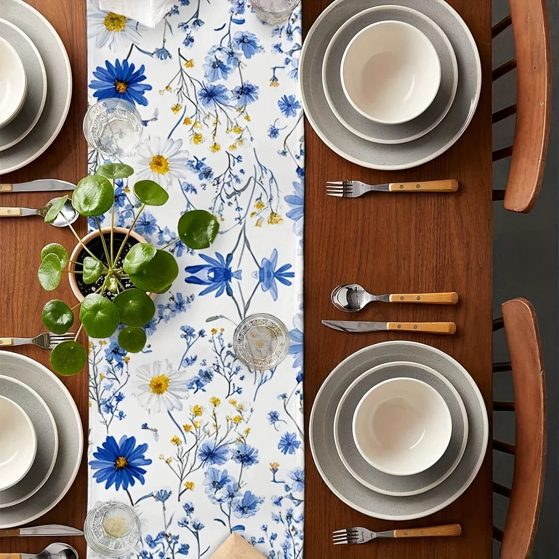 Blue White Daisy Wildflowers Linen Table Runner Wedding Decor Farmhouse Holiday Kitchen Dining Table Runners Picnic Party Decor