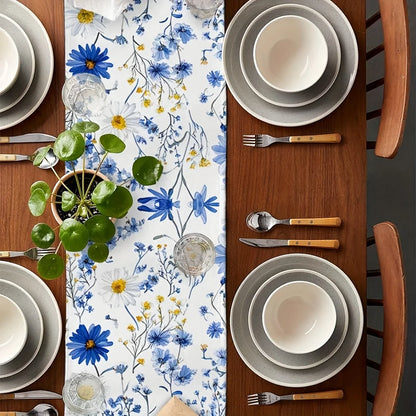 Blue White Daisy Wildflowers Linen Table Runner Wedding Decor Farmhouse Holiday Kitchen Dining Table Runners Picnic Party Decor