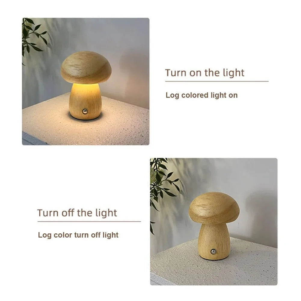 Bedside Table Night Light USB Rechargeable LED Mushroom Night Light Wooden Bedroom Sleeping Lamp Dimmable for Bedroom Study Room