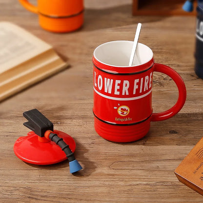 Creative Ceramic Coffee Mug,Retro Fire Extinguisher Shape Fun Mug with Lid Spoon ,Office Personalized Tea Cup,Strange Mug,480ml