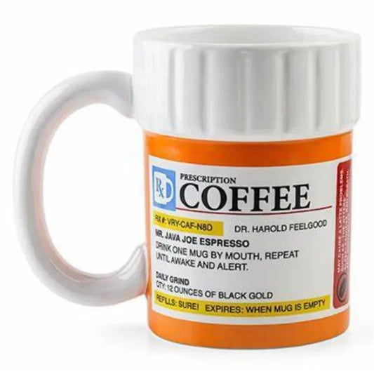 Becher mit verschreibungspflichtiger Pille, kreative verschreibungspflichtige Medizinflasche, Keramik-Kaffeetasse, Teetasse und eine gelbe Ente