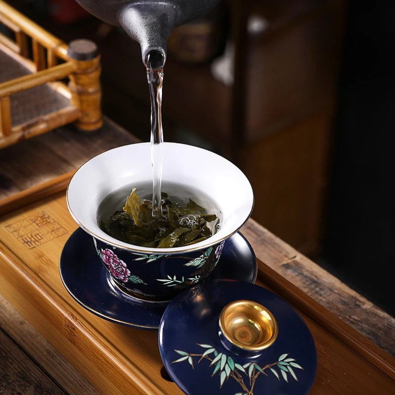 Ceramic Tea Cup with Gold Outline Chinese Kung Fu Master Cup Creative Gift Box Set of 6 Unique  Stylish Tea Drinking Accessories