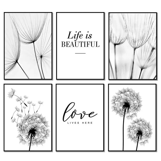 Nordic Minimalist Black And White Dandelion Blooming Flower Modern Canvas Prints Wall Art Picture For Living Room Home Decor