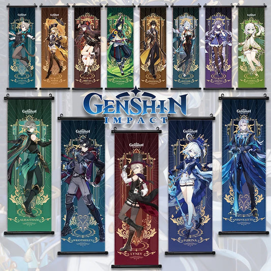 Genshin Impact Hanging Scroll Poster Anime Hot Games Wall Artwork Hutao Klee Vendi Canvas Painting Print Home Decoration Gift