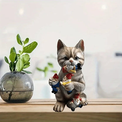 1 pièce, chat coquin avec Gnome, Statue de jardin de chat farceur, décoration de bureau, décoration extérieure, décoration de jardin, décoration de cour