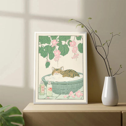 Japanese Tabby Cat in Bathtub Poster Prints Canvas Painting Retro Aesthetic Wall Art Picture Japandi Bathroom Toilet Home Decor