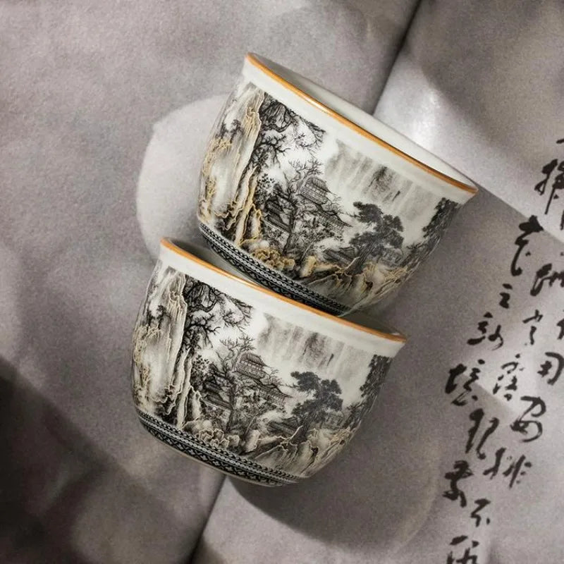 65ML Ru Kiln Ink Landscape Round Tripod Teacup, Personal High end Master's Cup, Single Cup, Opening, Nourishing Ceramic Tea Cup