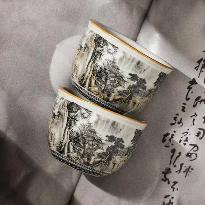 65ML Ru Kiln Ink Landscape Round Tripod Teacup, Personal High end Master's Cup, Single Cup, Opening, Nourishing Ceramic Tea Cup