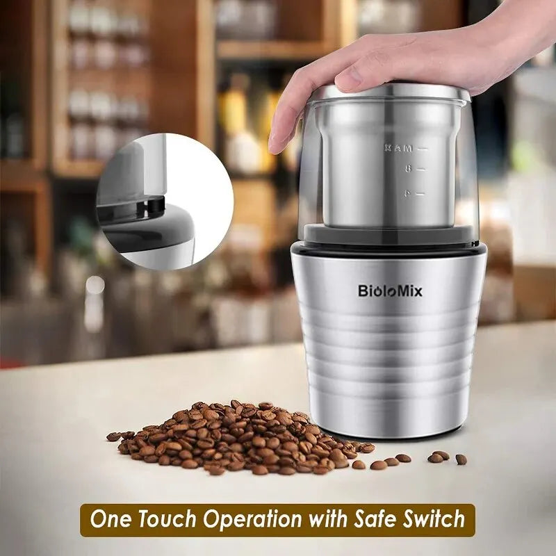 2-in-1 Wet and Dry Double Cups 300W Electric Spices and Coffee Bean Grinder Stainless Steel Body and Miller Blades,BioloMix