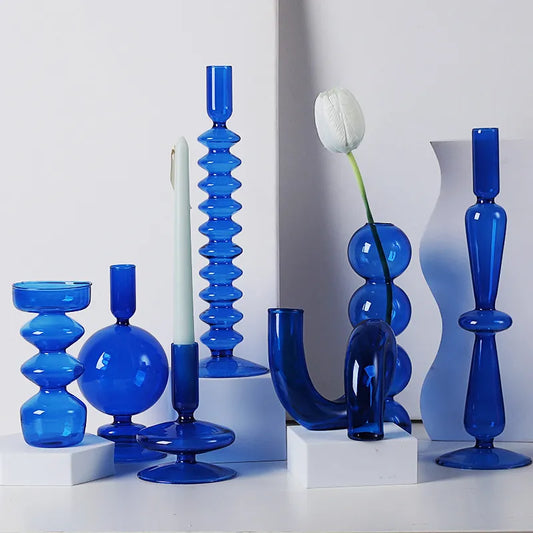 Blue Kinds Of Candlesticks, Wedding Decoration, Glass Candle Holder For Stick Candle, Flower Vase Home Decoration