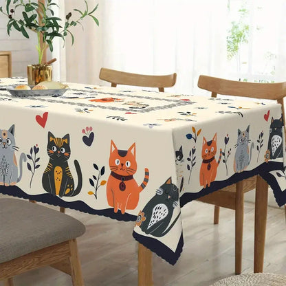 Cute Cat Floral Printed Rectangle Tablecloth Wedding Party Decor Orange Black Gray Cats Polyester Table Cloth Dining Table Decor