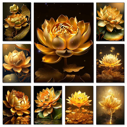 Modern Luxury Golden Lotus Canvas Painting Nordic Wall Art Poster Prints Entrance Background Wall Living Room Home Decor Cuadros