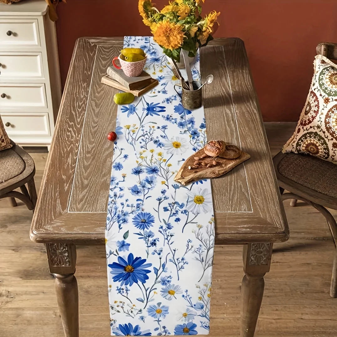 Blue White Daisy Wildflowers Linen Table Runner Wedding Decor Farmhouse Holiday Kitchen Dining Table Runners Picnic Party Decor