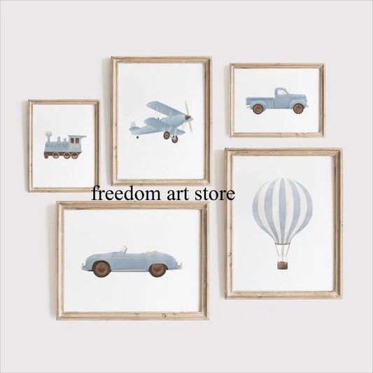 Vintage Boy Room Transportation Blue Hot Air Balloon Plane Train Art Poster Canvas Painting Wall Prints Picture Room Home Decor