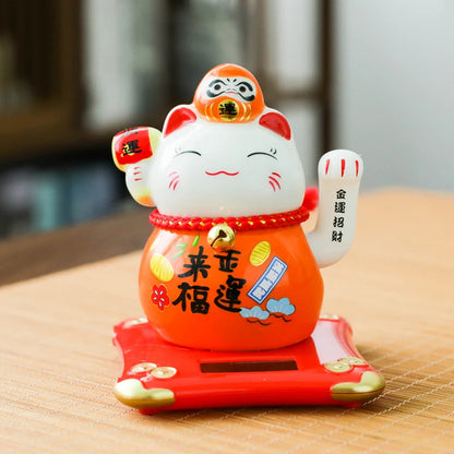 4.5inch Solar Powered Waving Arm Lucky Cat, Ceramic Fortune Cat, FengShui Figurine, Home Tabletop Deoration, Lucky Charm Gift