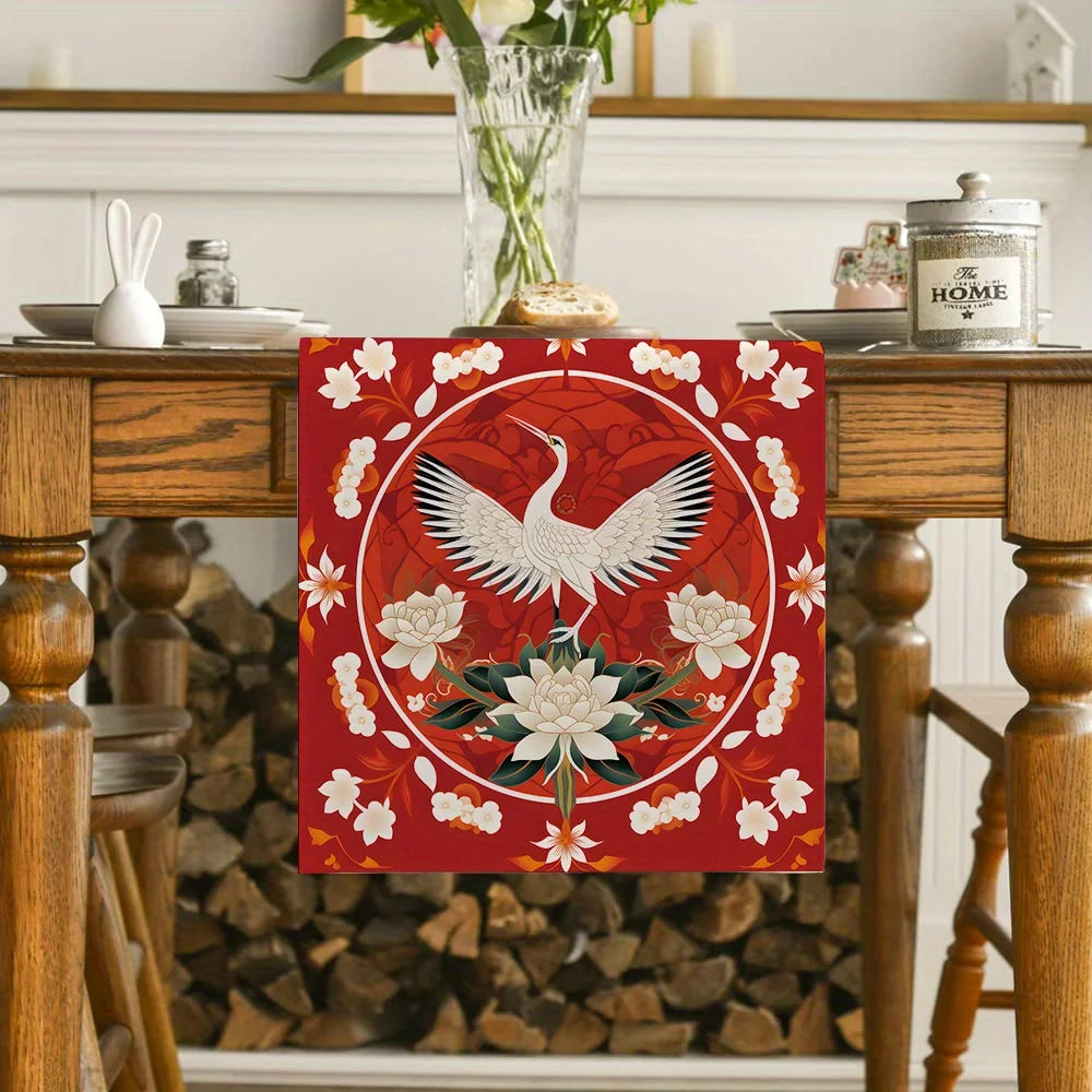 Flower Crane Ethnic Pattern Chinese Style Linen Table Runner Party Decor Happy New Year Spring Festival Table Runner Table Decor