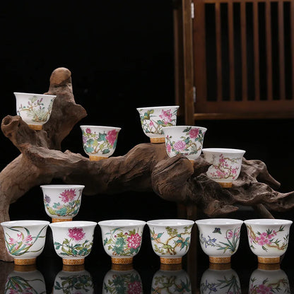 Kung Fu Tea Cup Twelve Flower Gods Set Enamel Pastel Ceramics 12 Pieces Gift Box Host’s Ceramics & Pottery Chinese Teaware