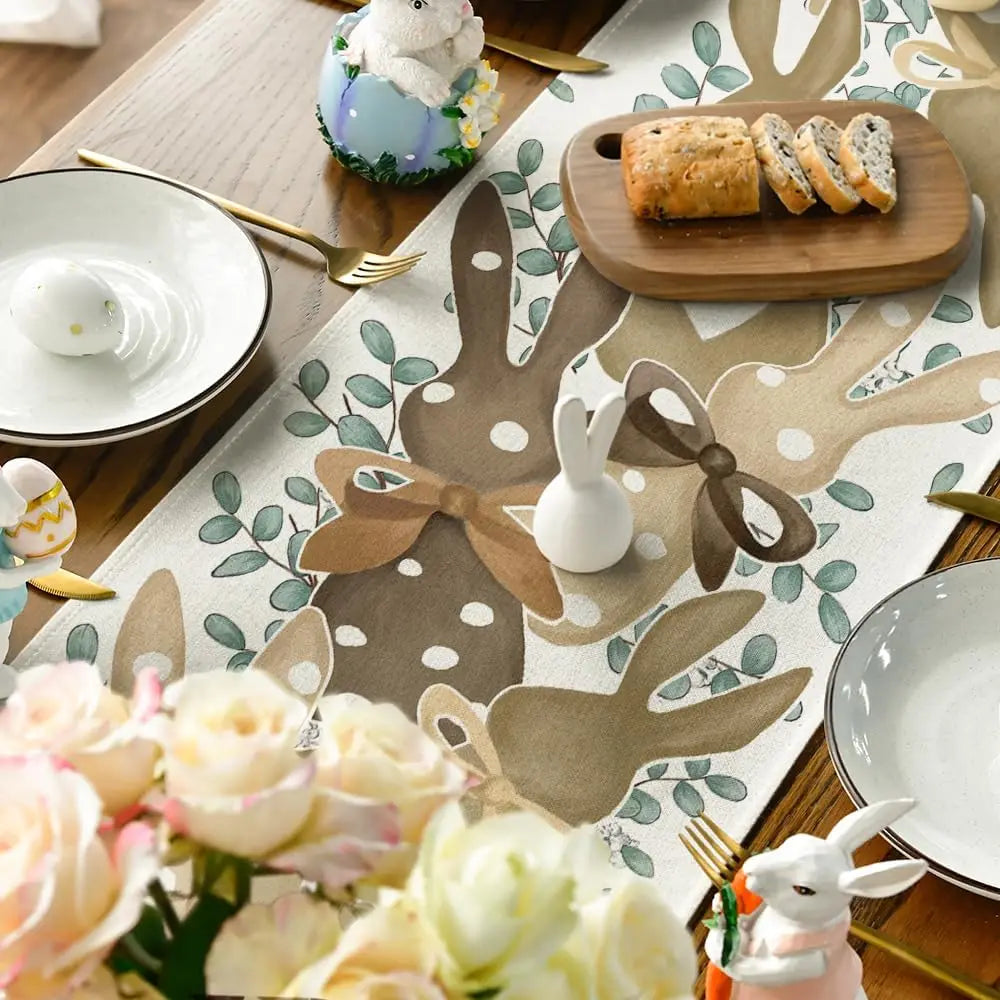 Happy Easter Eucalyptus Dot Bunny Rabbit Linen Table Runner Party Decor Seasonal Spring Kitchen Dining Table Runners Table Decor