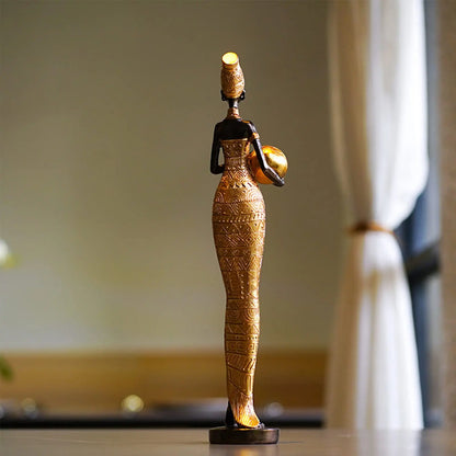 African Woman Figurines for Interior Decoration, Creative Tribal Lady Decorative Sculptures for Home Resin Art Statue Home Decor