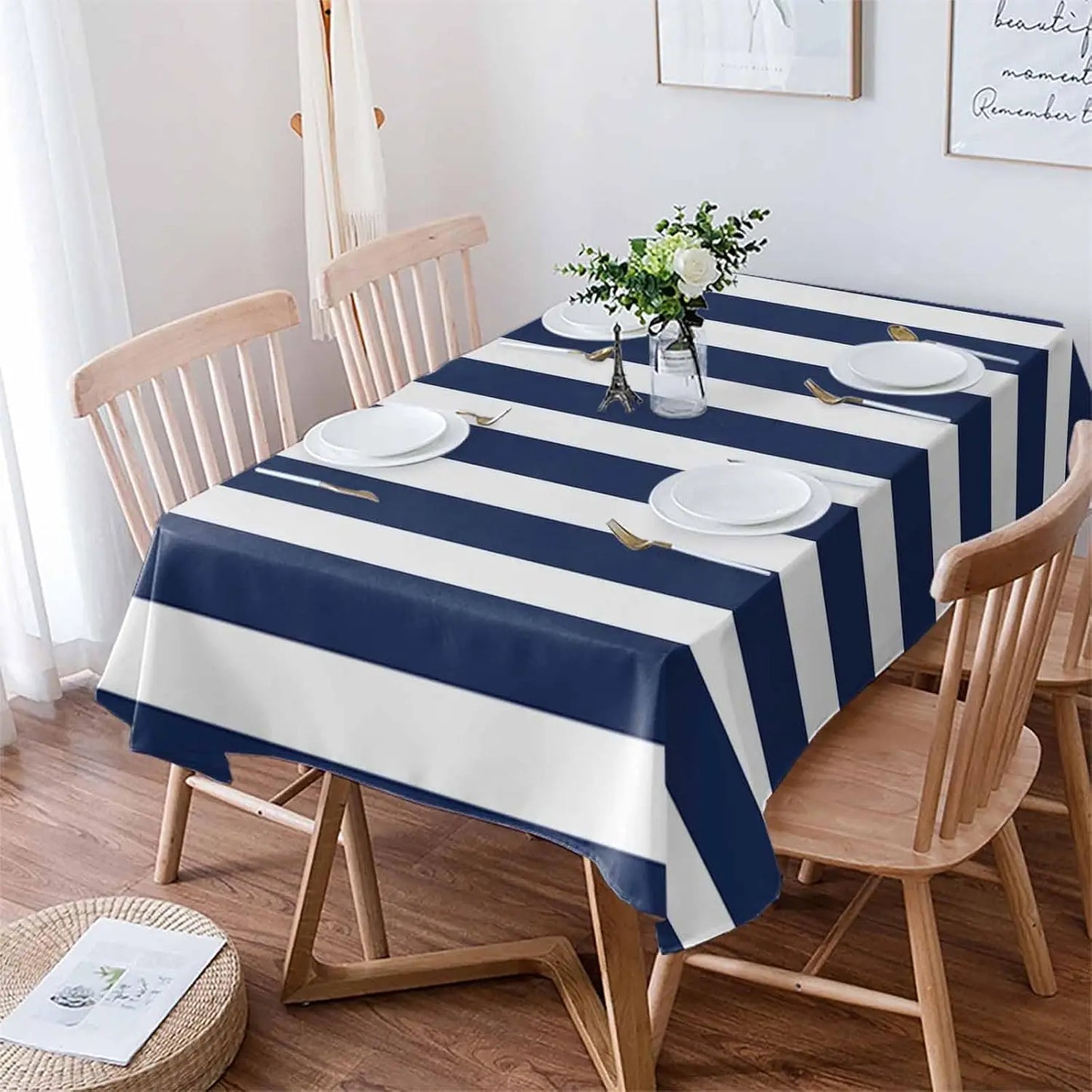 Navy Blue Stripe Rectangle Tablecloth Holiday Party Decor Washable Boho Modern Geometric Table Cloths Kitchen Dining Table Decor