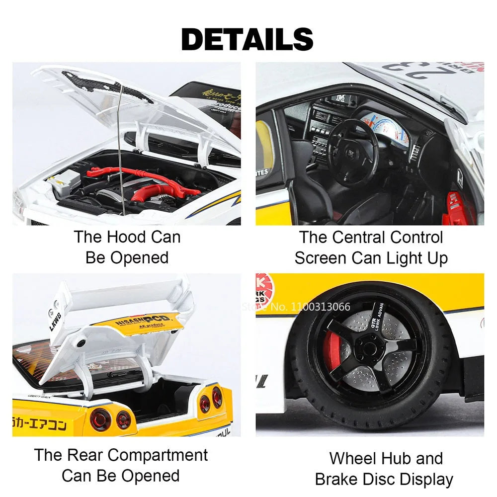 1:18 Alloy Diecast GTR SKYLINE S15 Toys Models Cars 4 Doors Opened Miniature Vehicles with Light Music Car Toddler Kids Gifts