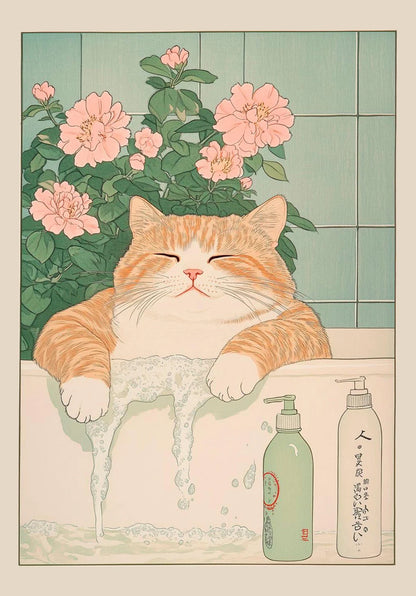 Japanese Tabby Cat in Bathtub Poster Prints Canvas Painting Retro Aesthetic Wall Art Picture Japandi Bathroom Toilet Home Decor