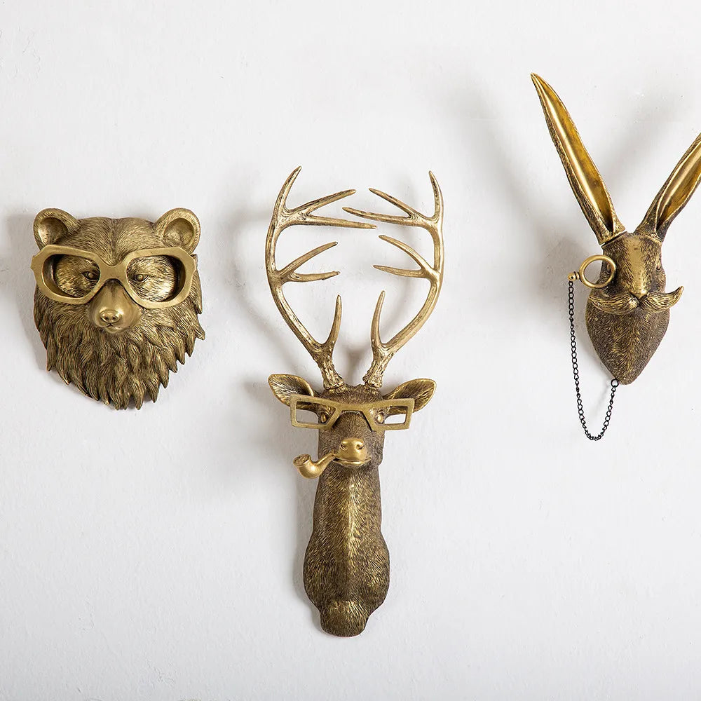 Antikbronze-Harz-Tieranhänger, goldener Hirschkopf, Wandaufbewahrung, zum Aufhängen, Hintergrund, Wandzubehör, dekorative Figuren