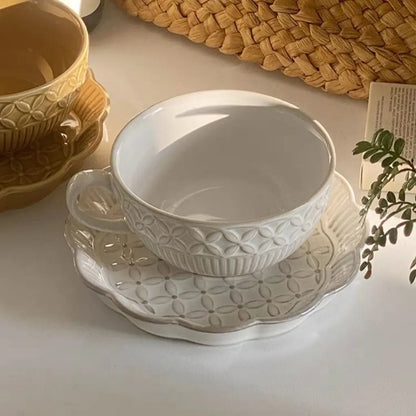 Embossed coffee cup and saucer, retro ceramic cup, dessert saucer, afternoon tea cup, latte cup, breakfast cup, dessert saucer