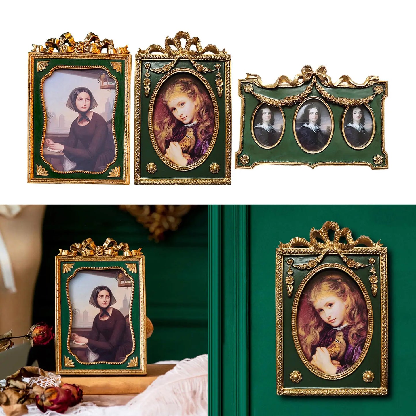 Retro Green Resin Photo Display Frame Tabletop Wall Hanging European Style